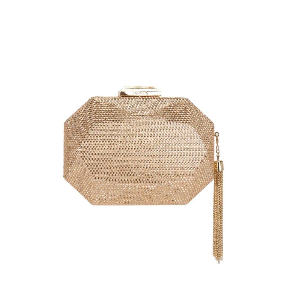 Olga Berg Metallic Gold Octagon Mesh Clutch with Tassel